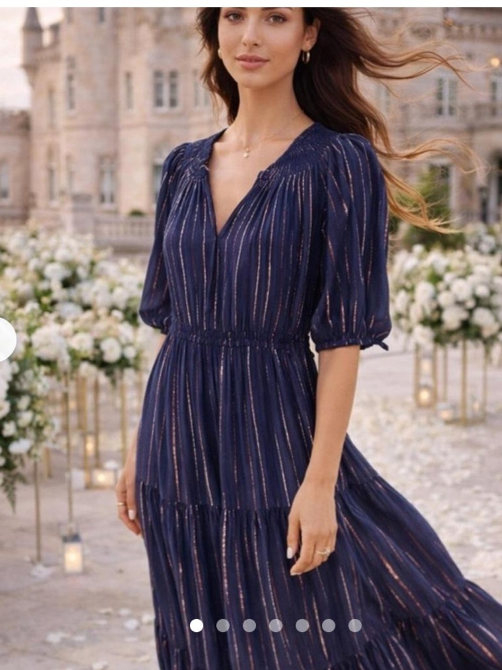 crown & ivy Navy Metallic-Striped Tiered Maxi Dress